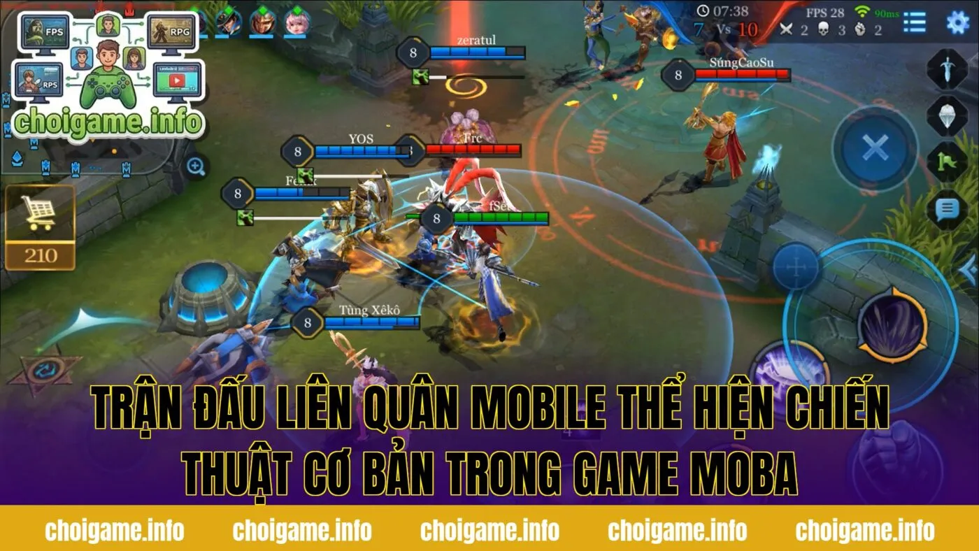 Trận đấu Liên Quân Mobile thể hiện chiến thuật cơ bản trong game MOBA